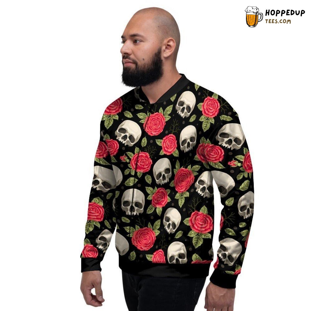 Skull Art Merged Rose Design Men’s Bomber Jacket Dark Floral Gothic Look