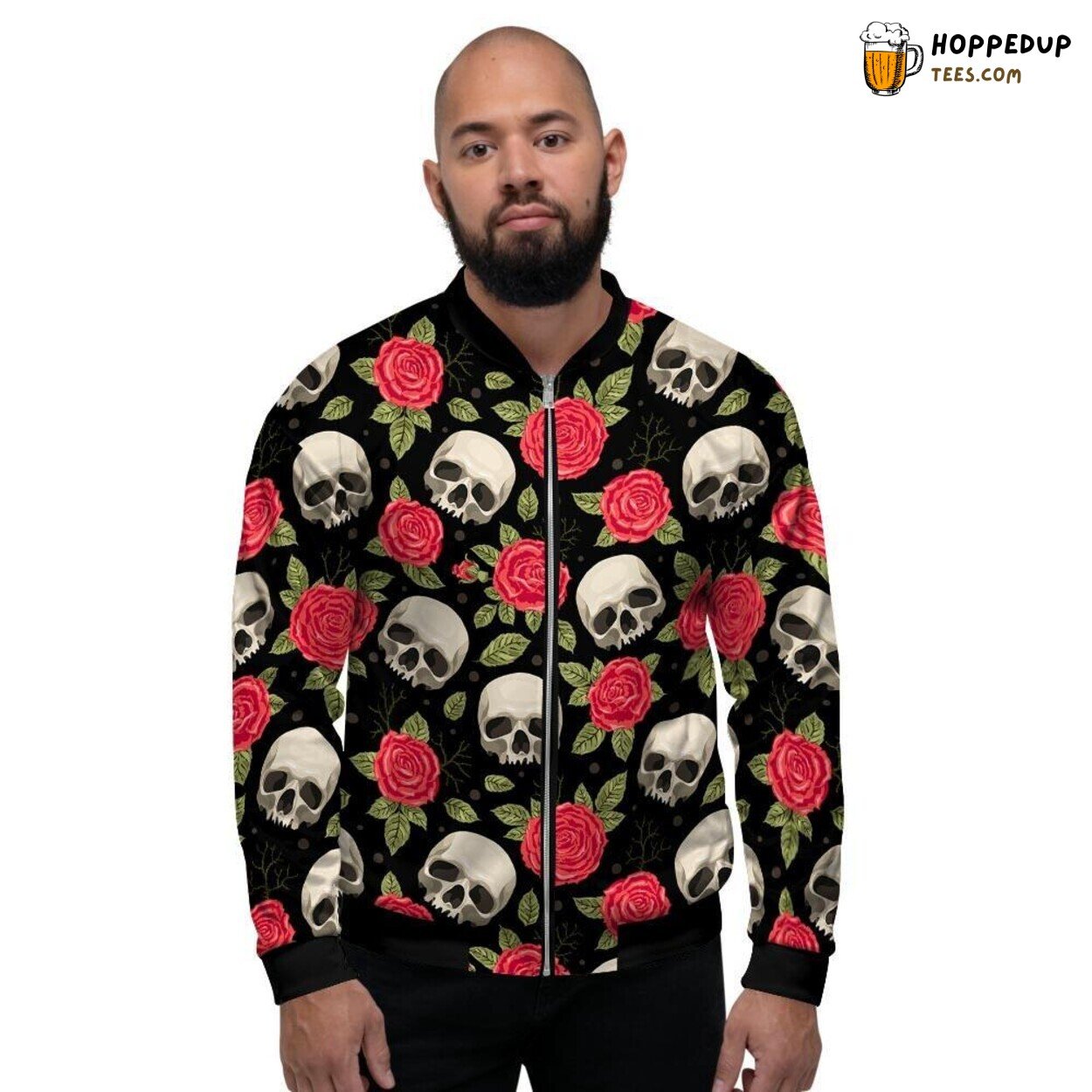 Skull Art Merged Rose Design Men’s Bomber Jacket Dark Floral Gothic Look