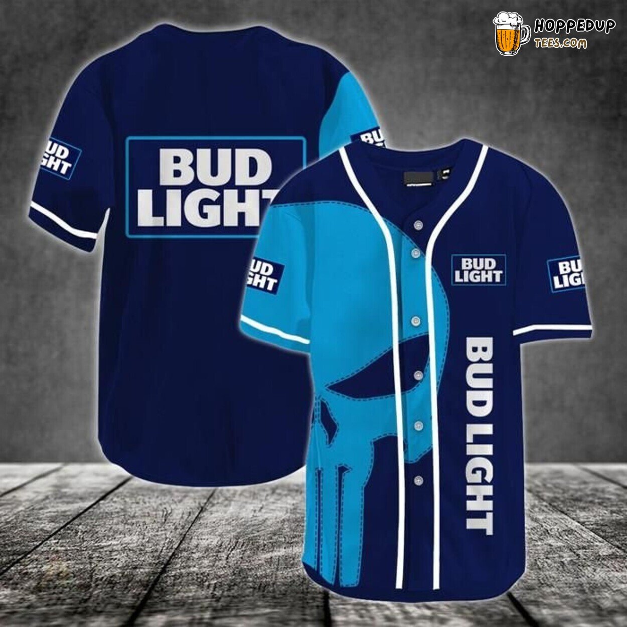 Skull Bud Light Light Blue Graphic Baseball Jersey Casual Sportswear