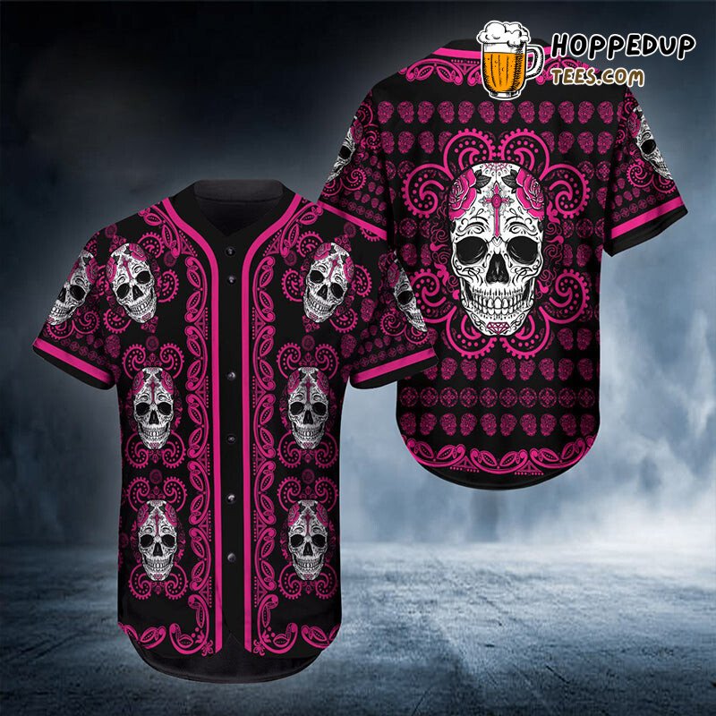 Skull Head Pink Baseball Tee Jersey Shirt