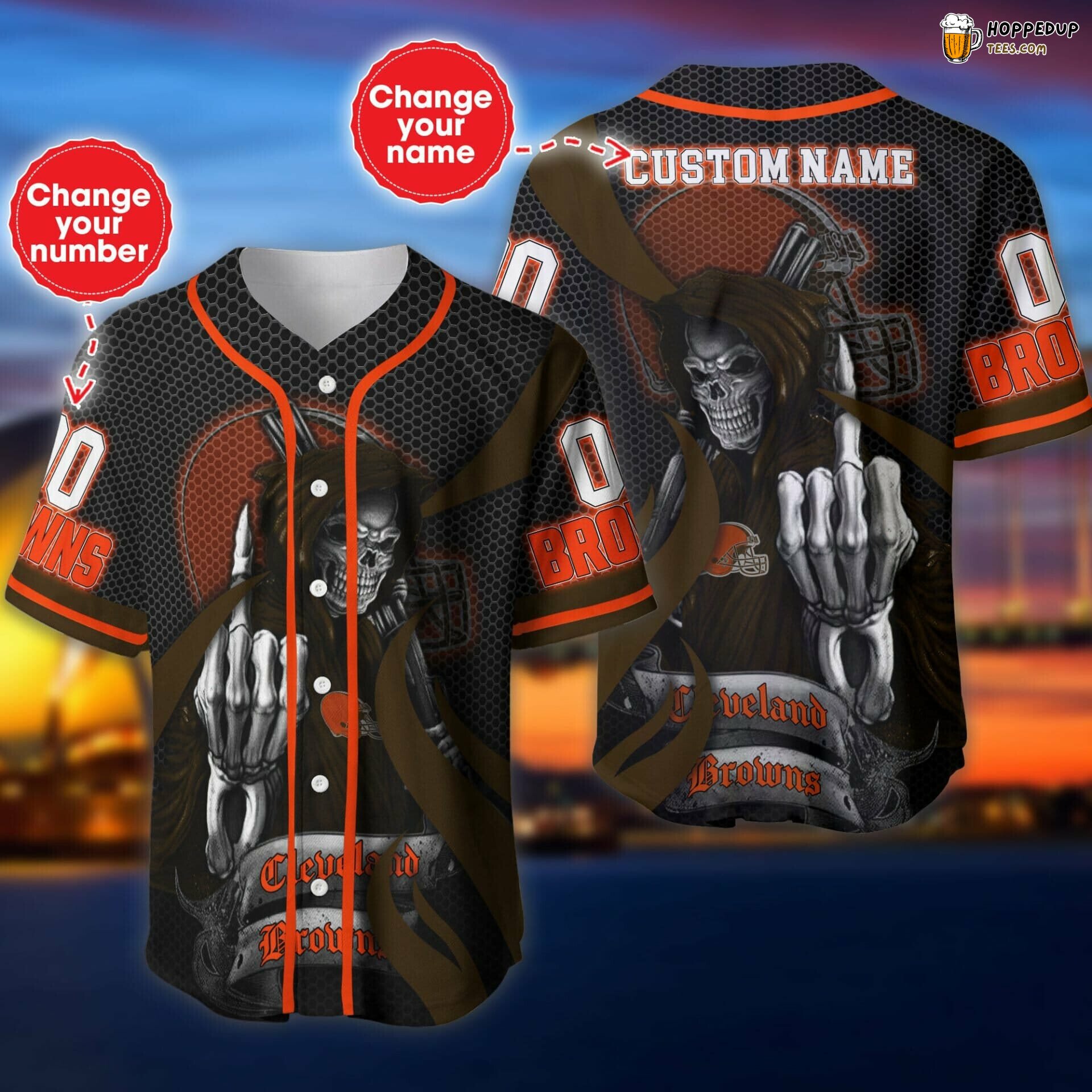 Skull Motif Cleveland Browns NFL Baseball Jersey Custom Name Number