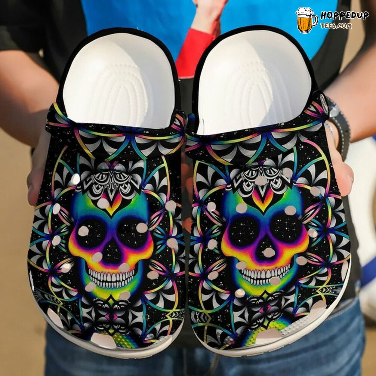 Skull Neon Themed Rubber Clog Shoes Comfy Footwear for Art Lovers