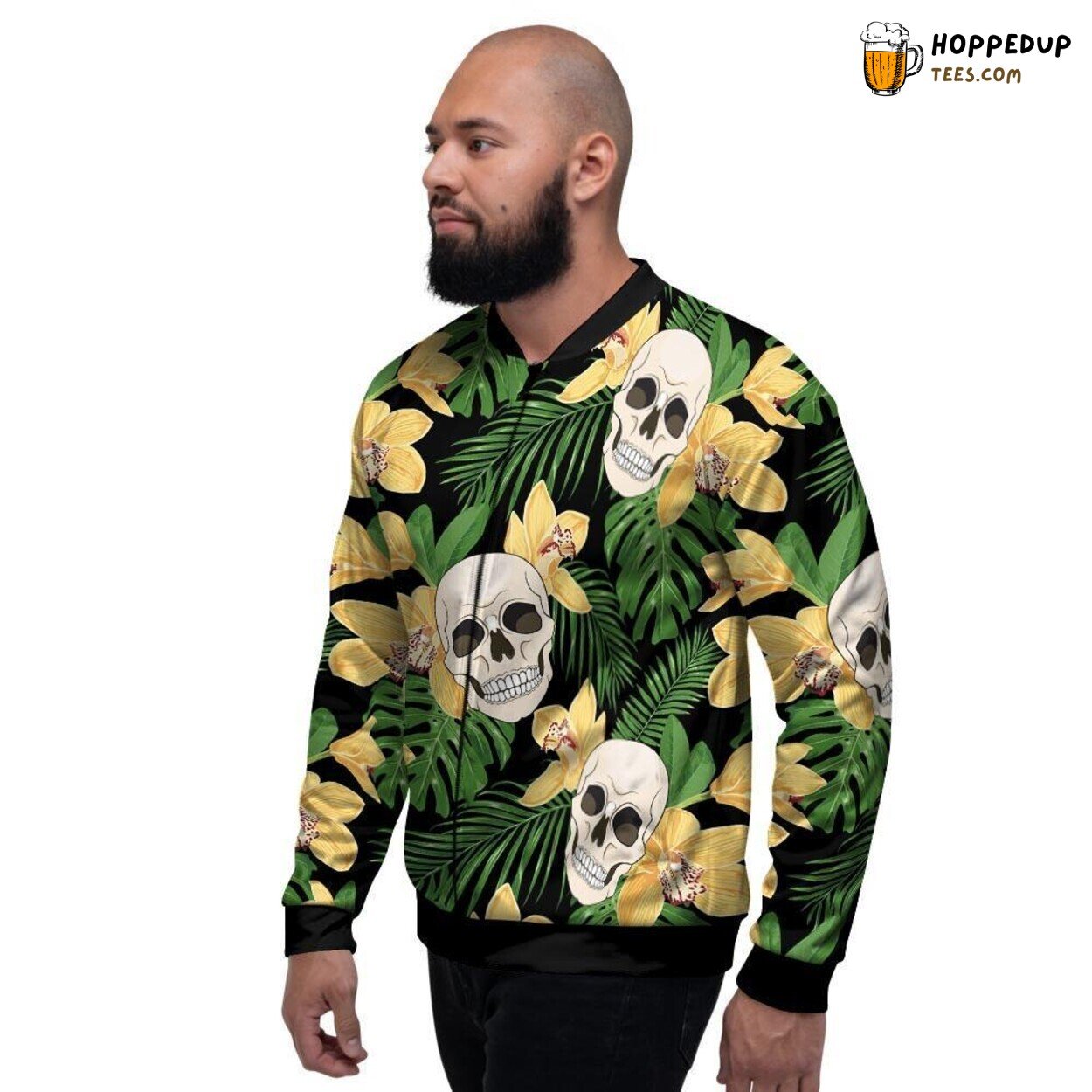 Skull Tropical Floral Design Men’s Bomber Jacket Island Gothic Blooms Fashion
