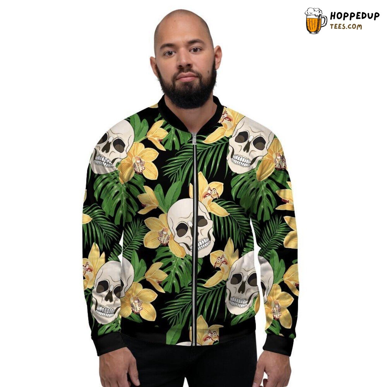Skull Tropical Floral Design Men’s Bomber Jacket Island Gothic Blooms Fashion
