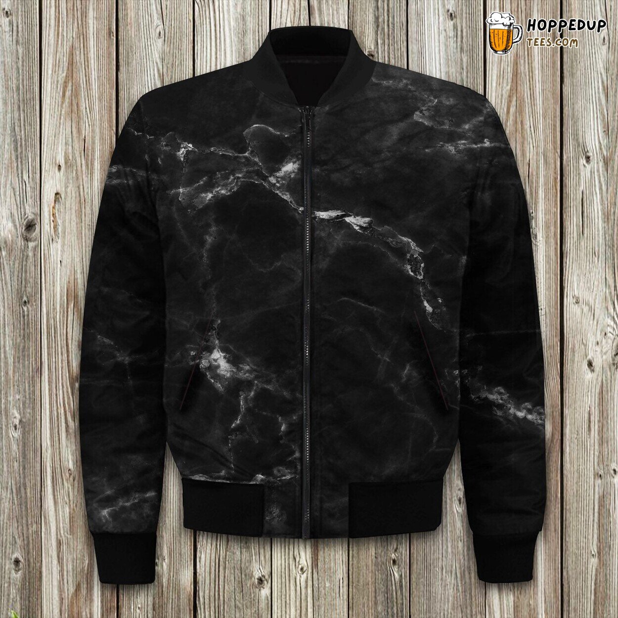 Sleek Black Marble Winter Bomber Jacket Tailored Unique Elegance Precision Craft