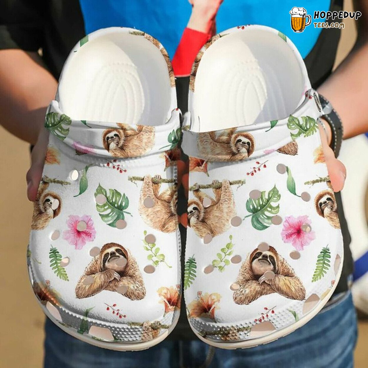 Sloth Hibiscus Tropical Themed Rubber Clog Shoes Comfy Footwear for Nature Fans
