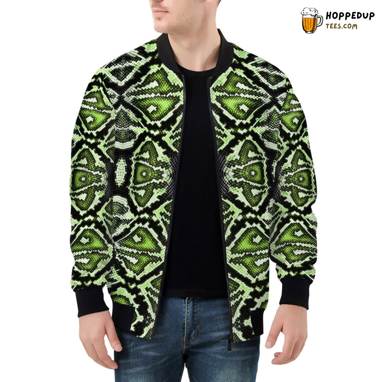 Snake Pattern Comes Alive in Green on Men’s Bomber Jacket