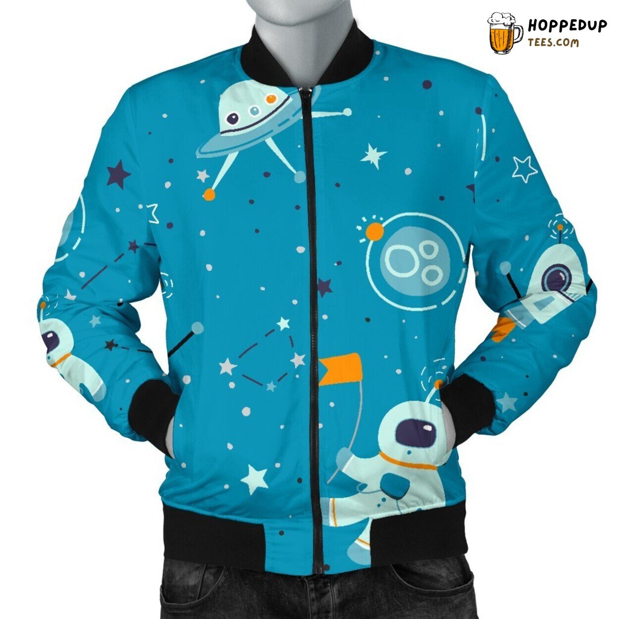 Space Explorer Astronaut Men’s Bomber Jacket Cosmic Adventure Design Display