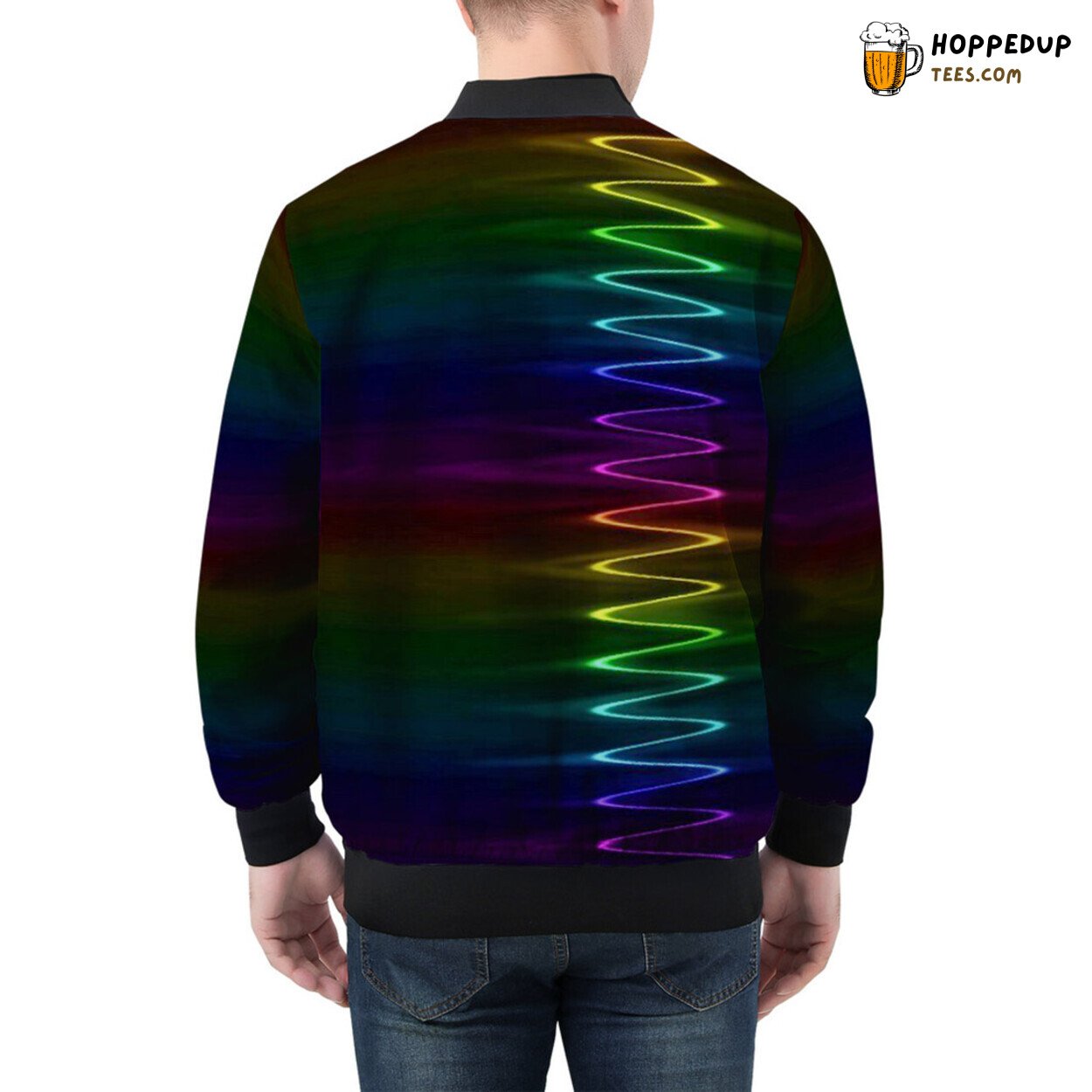 Spectrum Wave Patterns Illuminate Men’s Bomber Jacket Surface