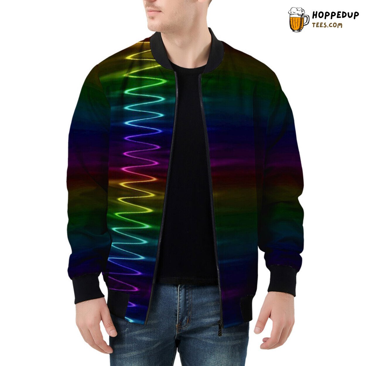 Spectrum Wave Patterns Illuminate Men’s Bomber Jacket Surface
