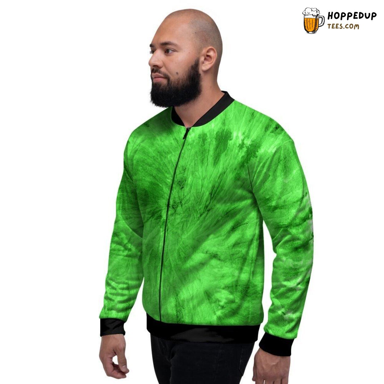 Spiraling Green Tie Dye Design Men’s Bomber Jacket Retro Hippie Vibe Display