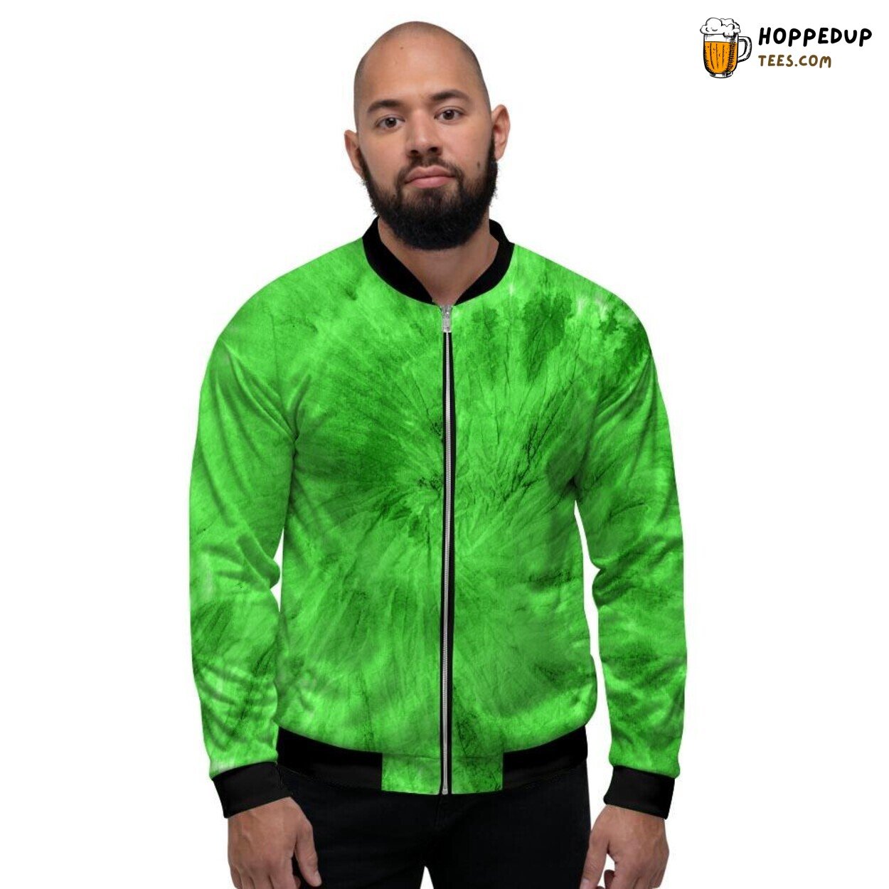 Spiraling Green Tie Dye Design Men’s Bomber Jacket Retro Hippie Vibe Display