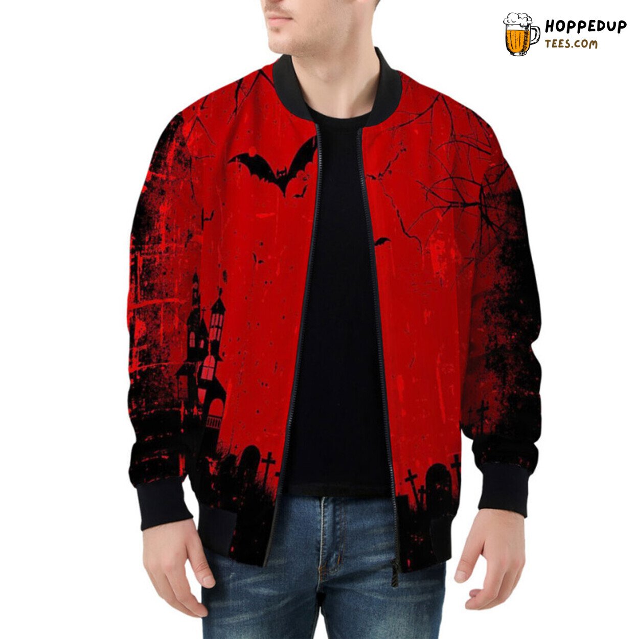 Spooky Grunge Design Bomber Jacket Perfect for Halloween Season