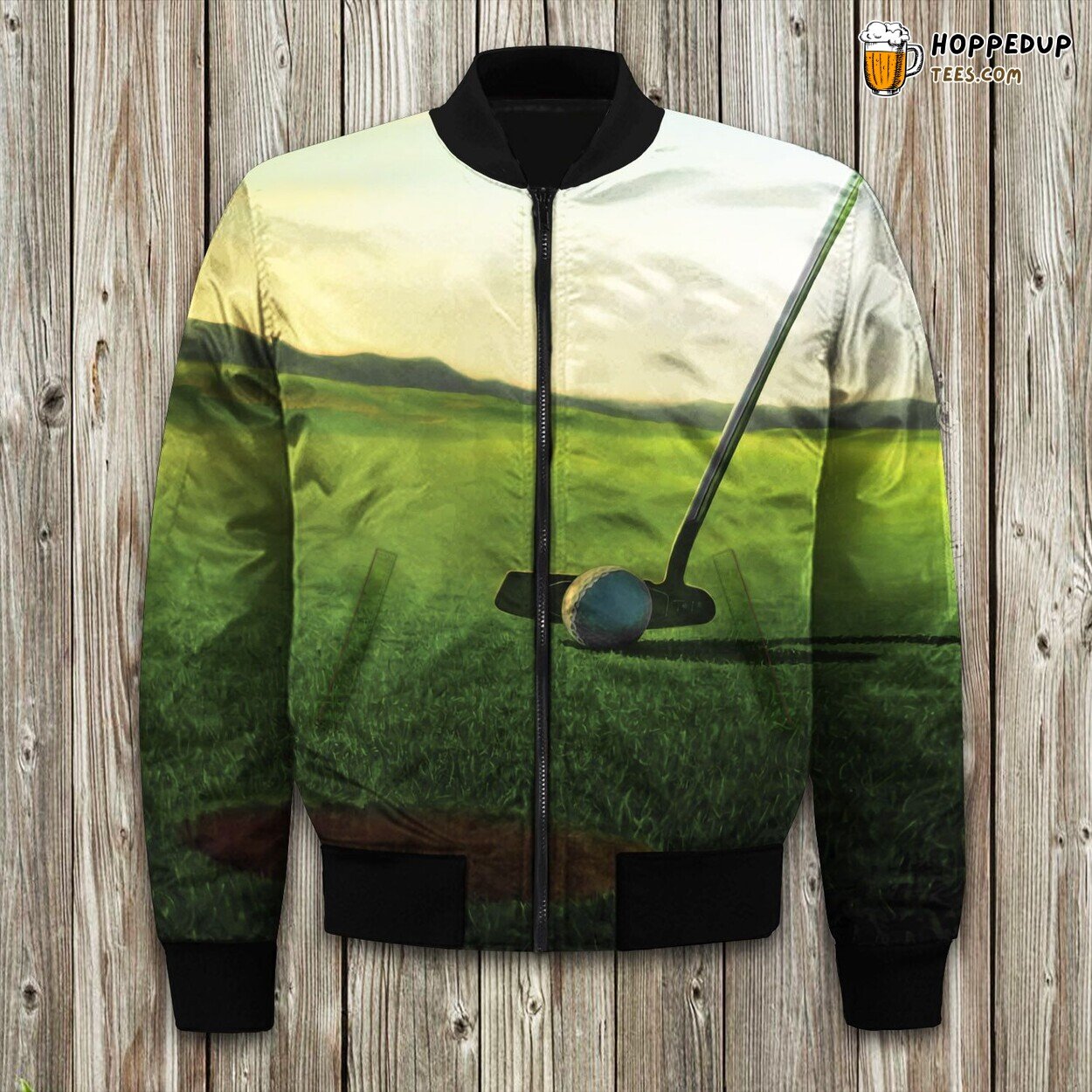 Sporty Golf Theme Design Winter Bomber Jacket Celebrating Greens Amidst Snow