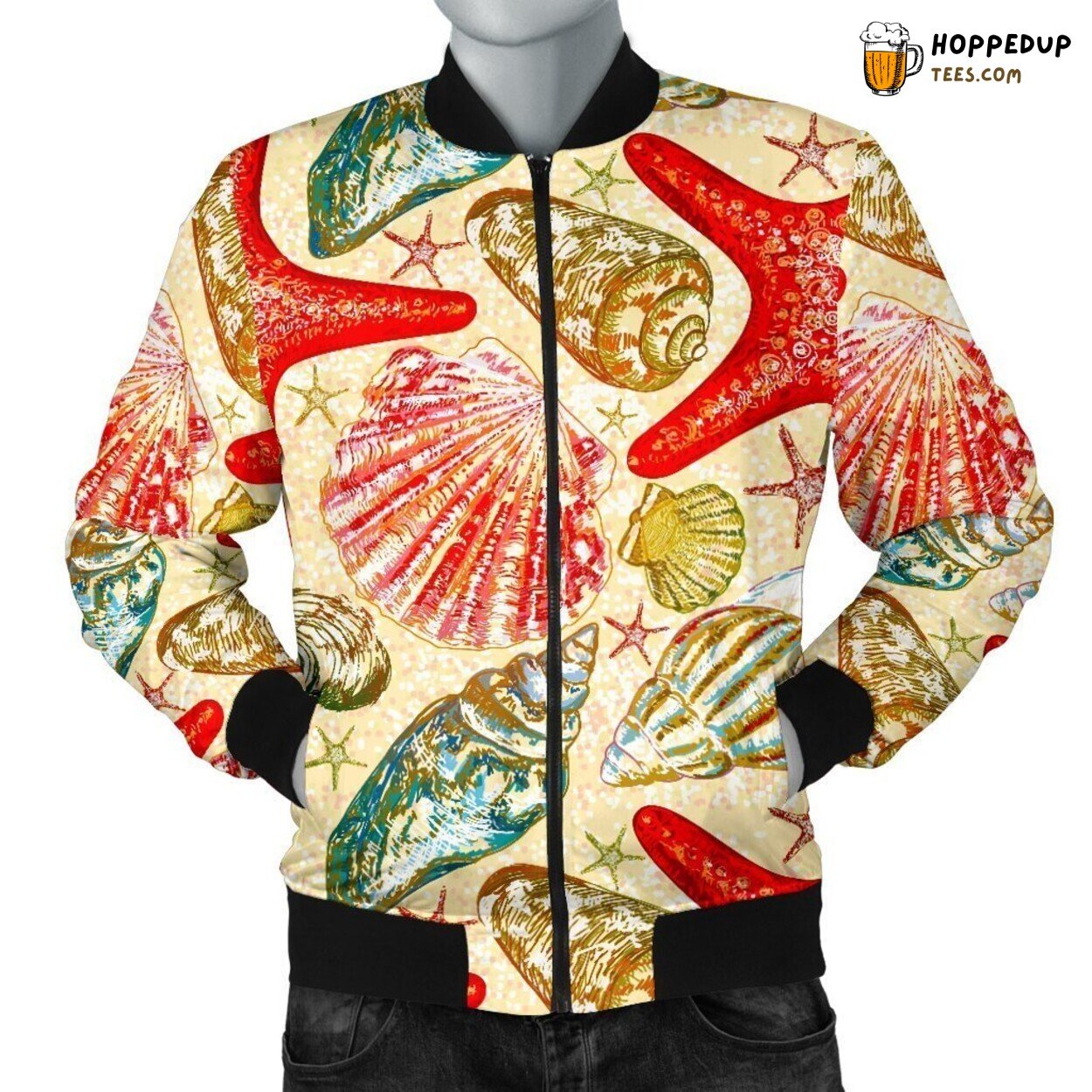 Starfish Meets Seashell Men’s Bomber Jacket Oceanic Artistic Design Tribute