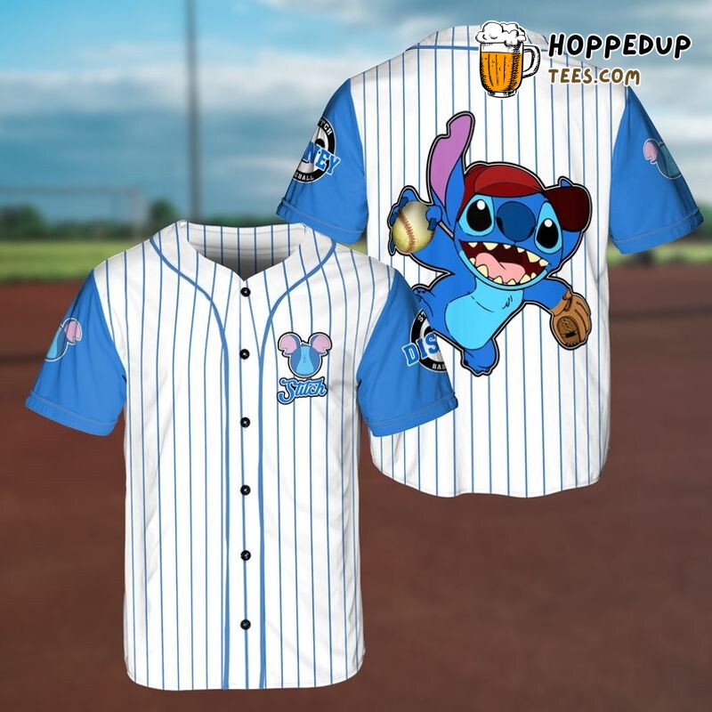 Stitch The Pitcher Disney 3D Pinstripe Baseball Jersey Blue White