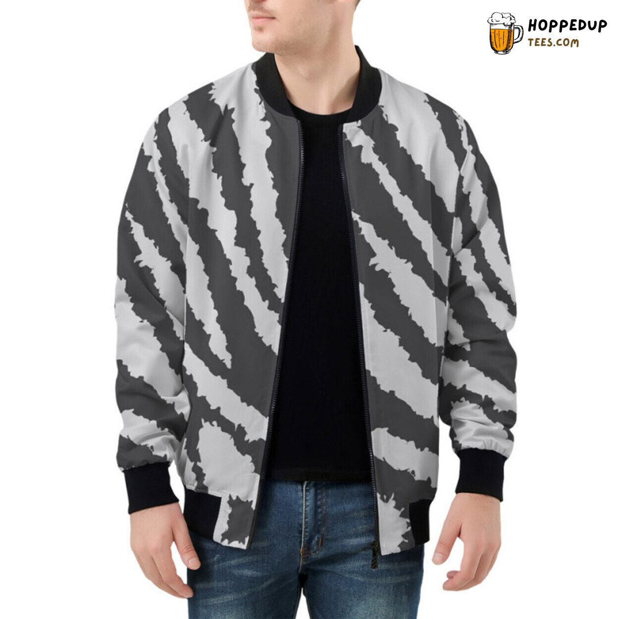 Striking Contrast of Gray Stripes Displayed on Zebra Bomber Jacket