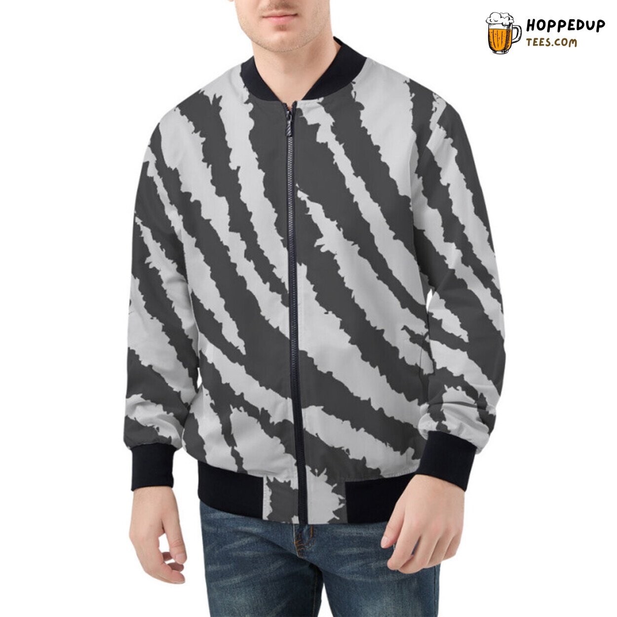 Striking Contrast of Gray Stripes Displayed on Zebra Bomber Jacket