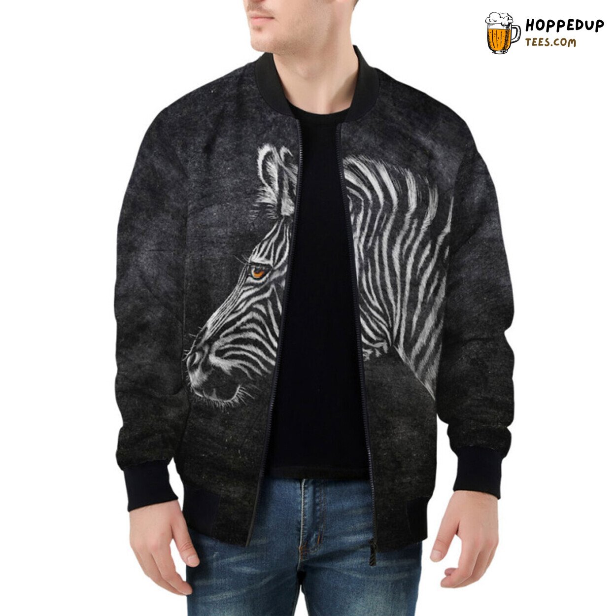 Striking Zebra’s Contrasting Patterns Enhancing Bomber Jacket