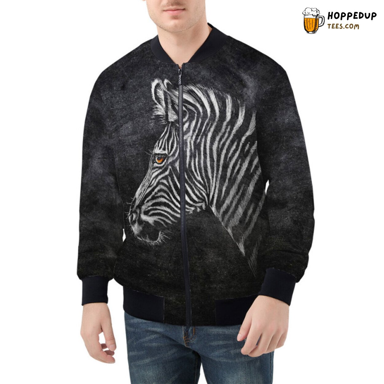 Striking Zebra’s Contrasting Patterns Enhancing Bomber Jacket