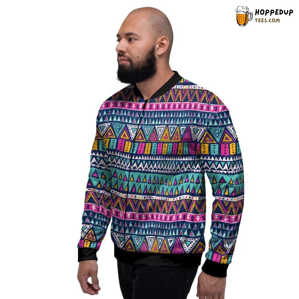 Striped Multicolor Native Aztec Design Men’s Bomber Jacket Trippy Tribal Art