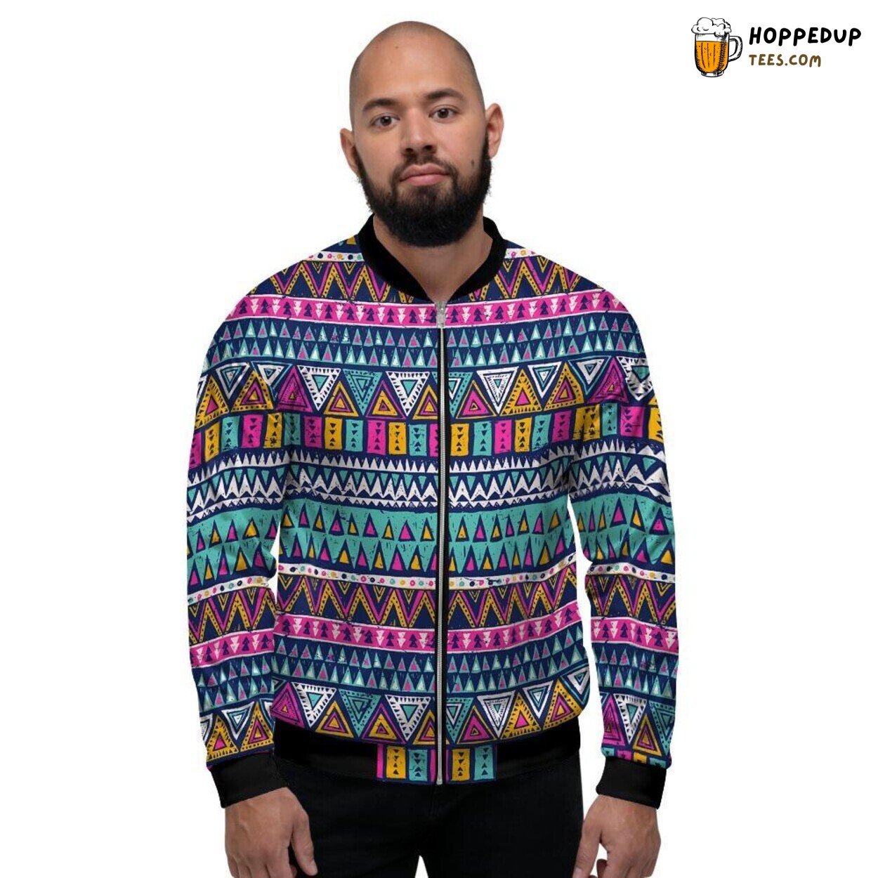 Striped Multicolor Native Aztec Design Men’s Bomber Jacket Trippy Tribal Art