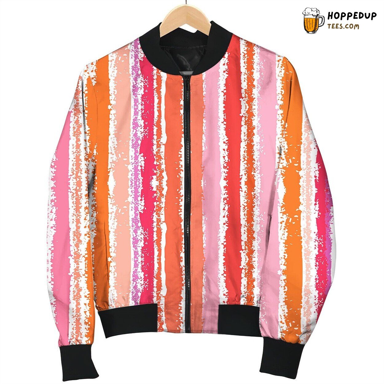 Striped Pattern In Tropical Coral Red Bomber Jacket
