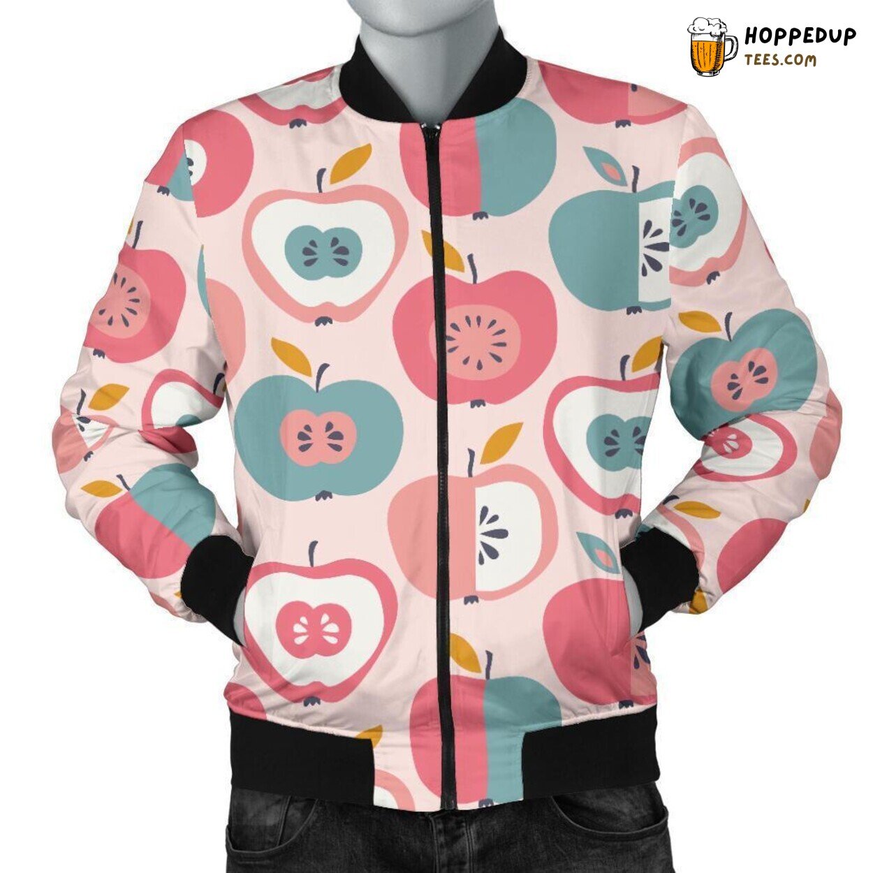 Stylish Apple Pattern Print Men’s Fashionable Bomber Jacket