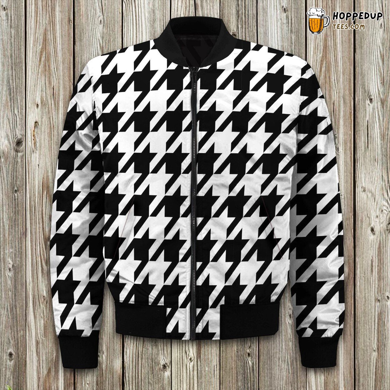 Stylish Bomber Winter Jacket Houndstooth Black White Trend Coat