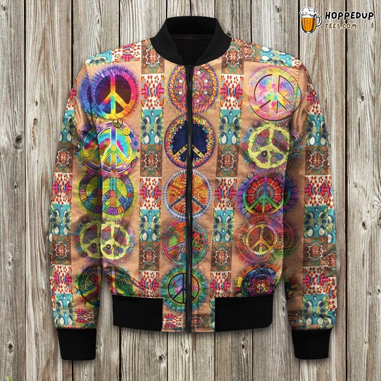 Stylish Bomber Winter Jacket With Hippie Peace Sign Graphic Coat