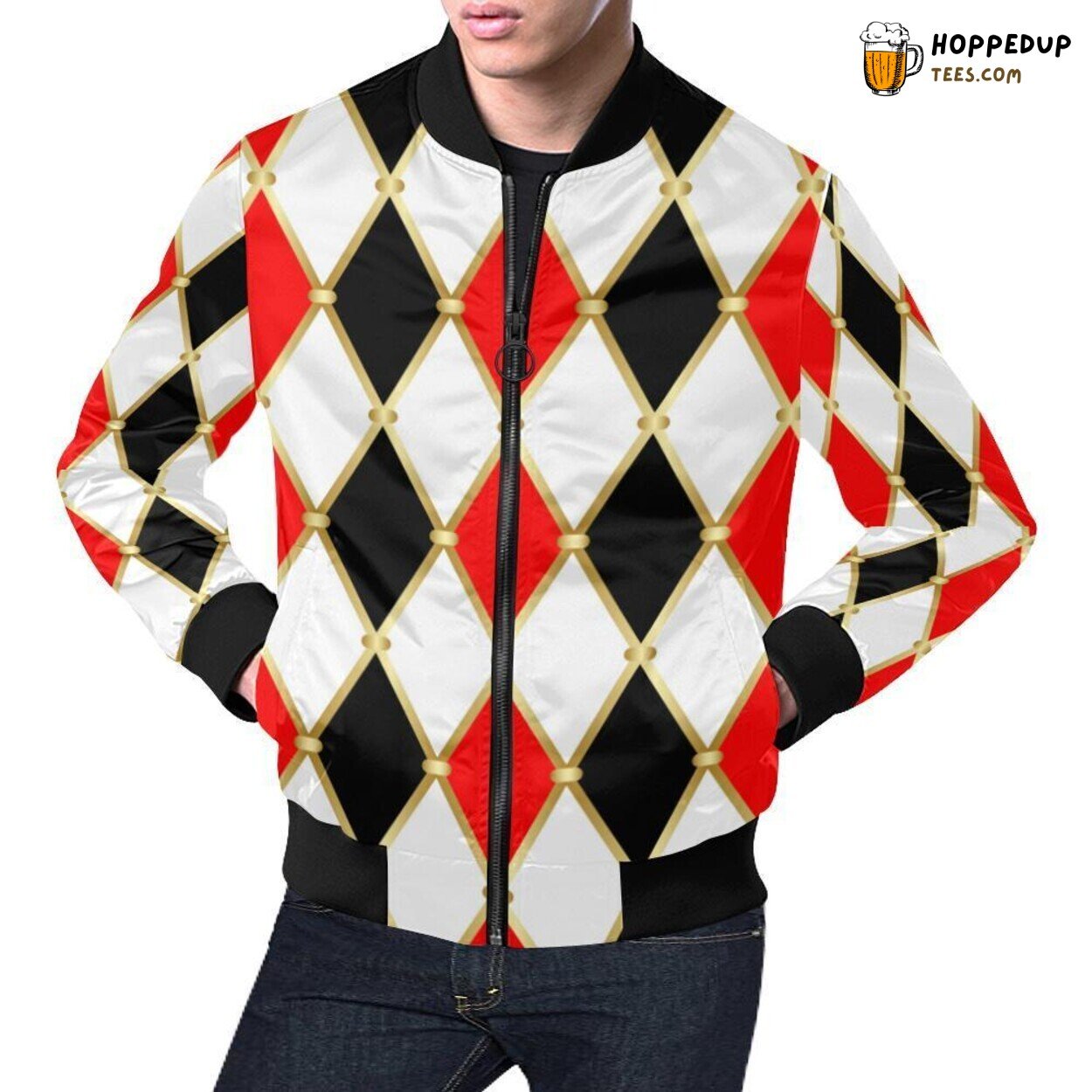 Stylish Men’s Bomber Jacket Featuring a Harlequin Print Pattern