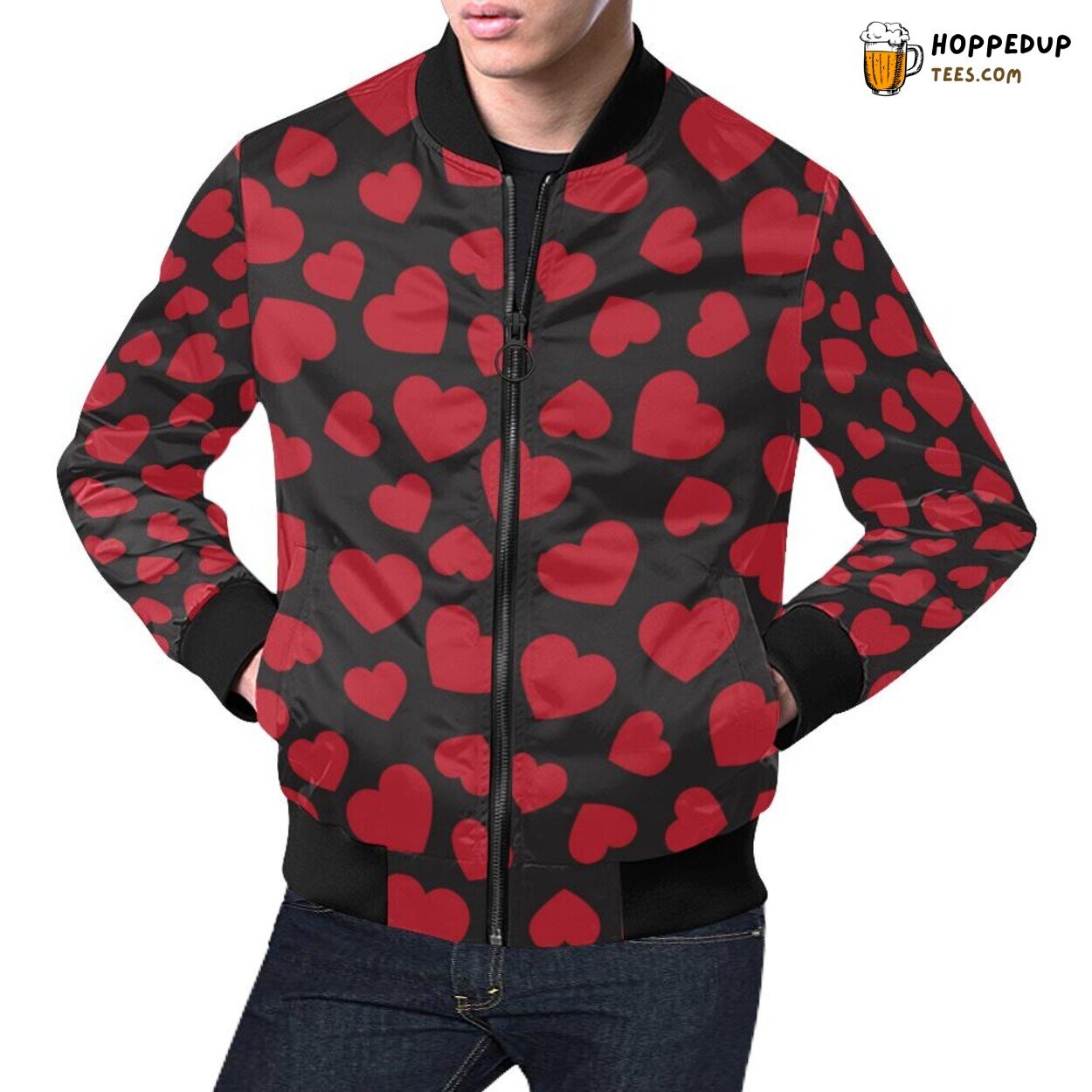 Stylish Men’s Bomber Jacket Featuring a Red Heart Pattern Print