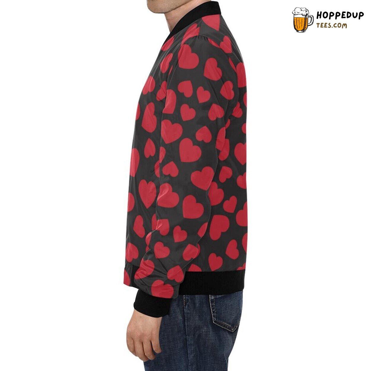Stylish Men’s Bomber Jacket Featuring a Red Heart Pattern Print