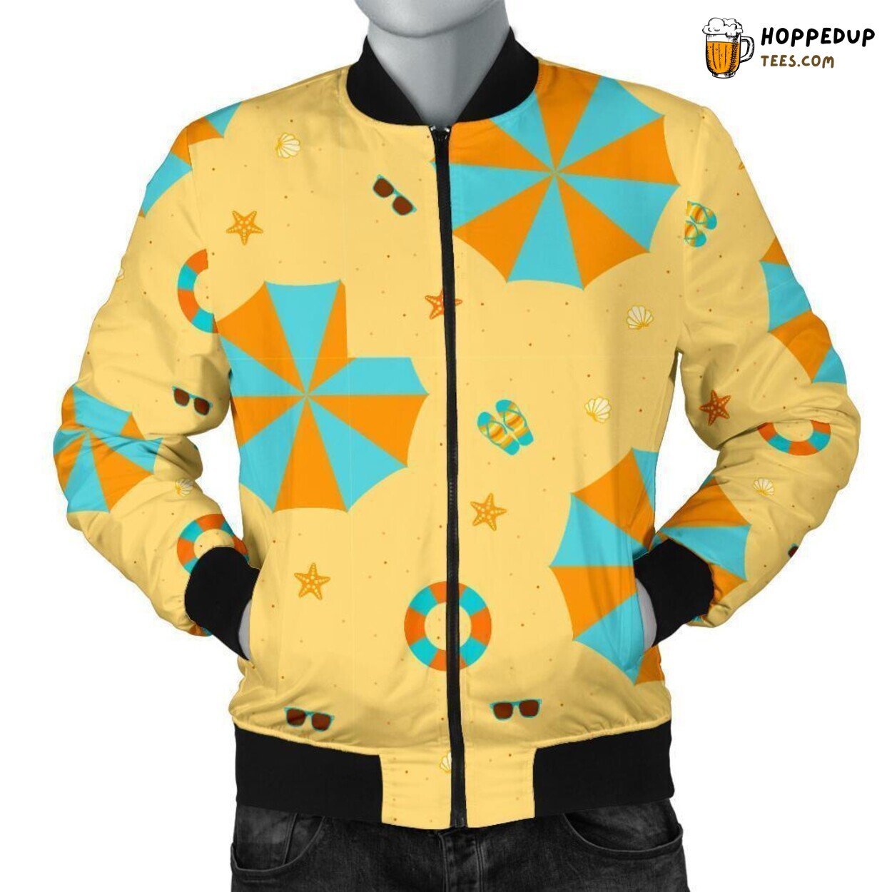 Stylish Men’s Bomber Jacket with an Intricate Beach Print Pattern
