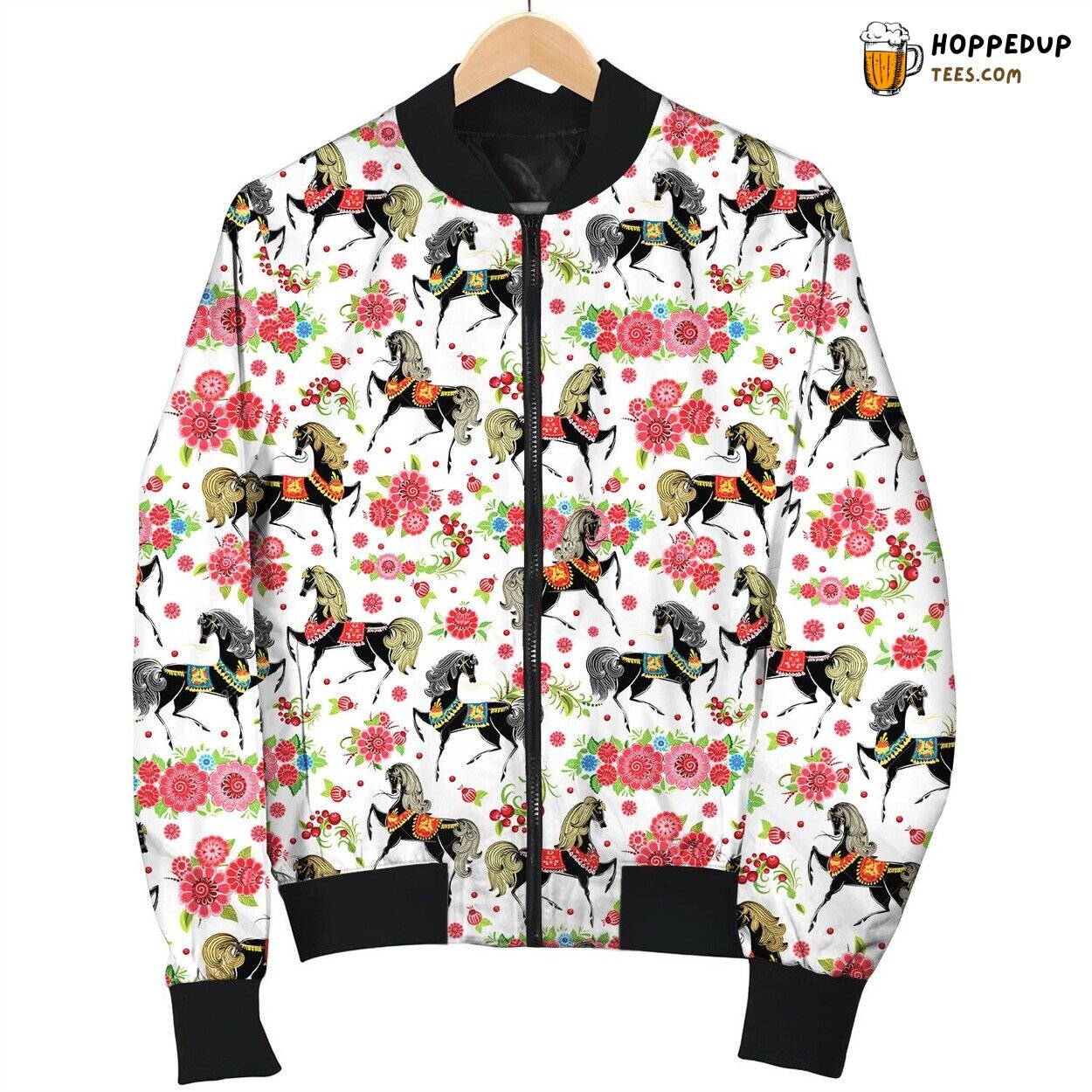 Stylized Horses With Floral Texture Bomber Jacket