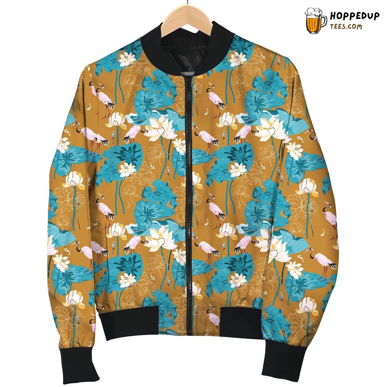 Stylized Lotus And Pink Crane Bomber Jacket