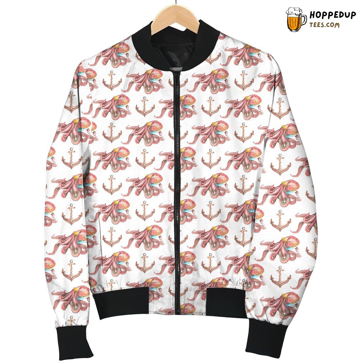 Stylized Red Octopus And Anchor Interlaced Bomber Jacket