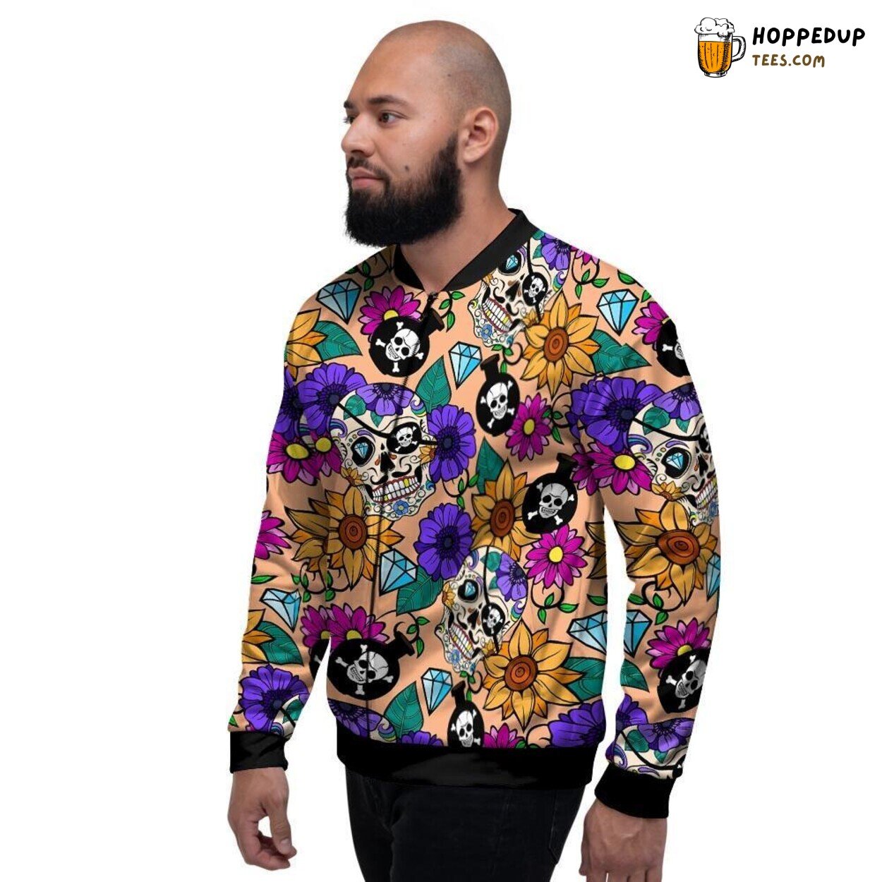 Sugar Skull Adorned Flower Design Men’s Bomber Jacket Cultural Art Fashion