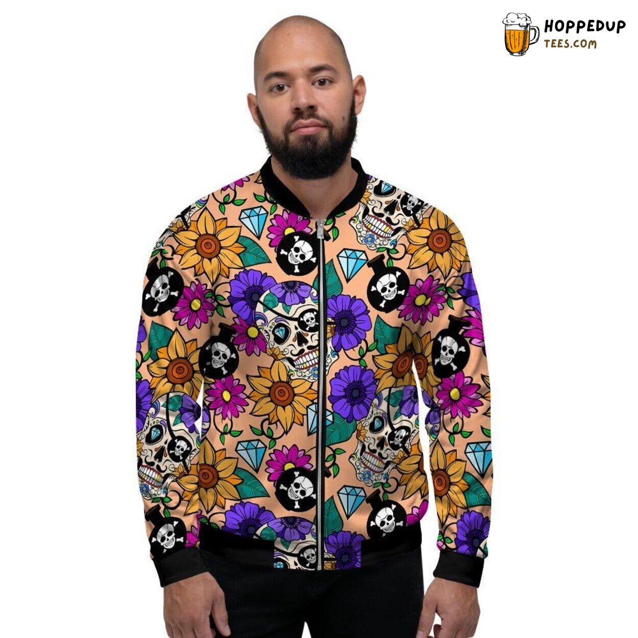 Sugar Skull Adorned Flower Design Men’s Bomber Jacket Cultural Art Fashion