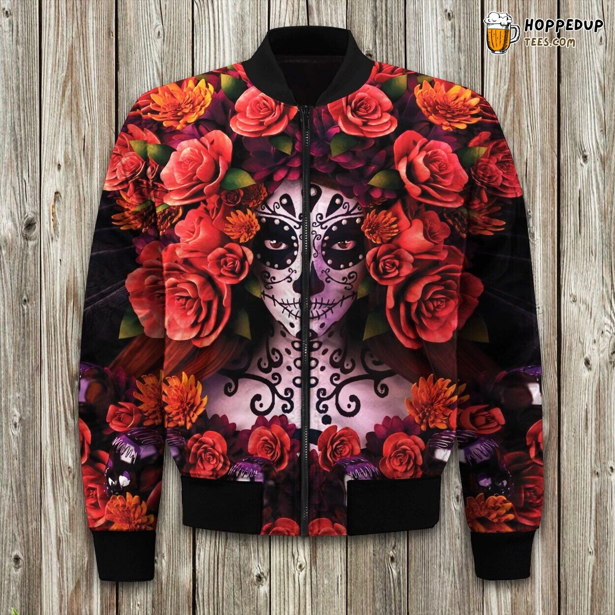 Sugar Skull Design Bomber Jacket Winter’s Day of the Dead Artistic Tribute