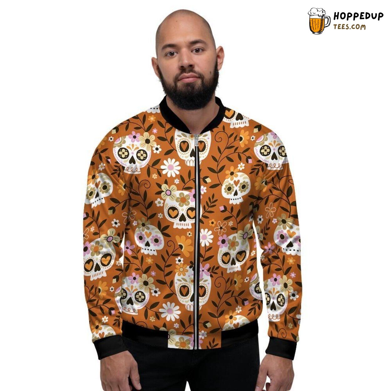 Sugar Skull Design Vibrant Yellow Men’s Bomber Jacket Day of the Dead Fashion