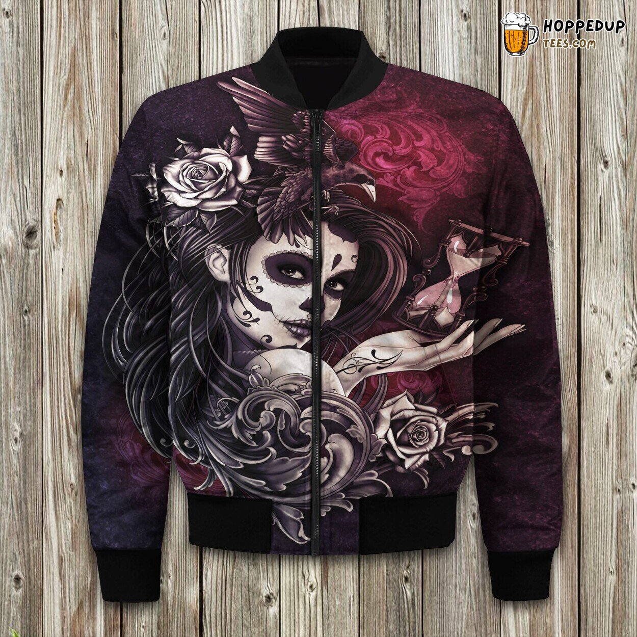 Sugar Skull Girl With Bird Bomber Jacket