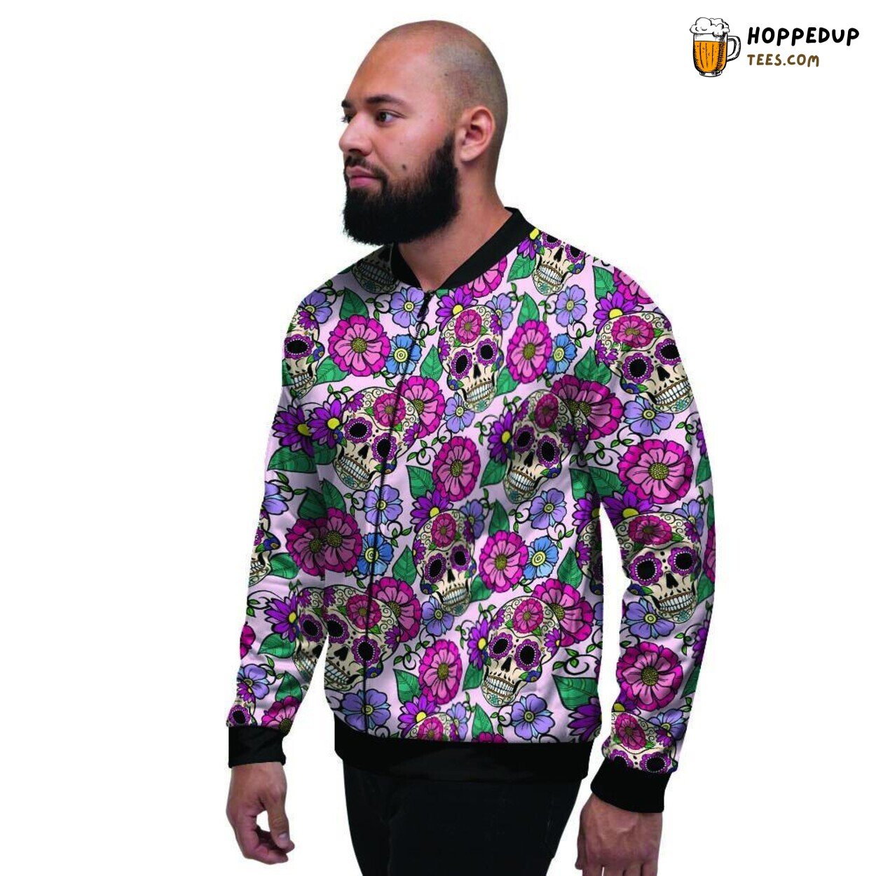 Sugar Skull Pink Floral Artistry Men’s Bomber Jacket Mystical Design Fusion