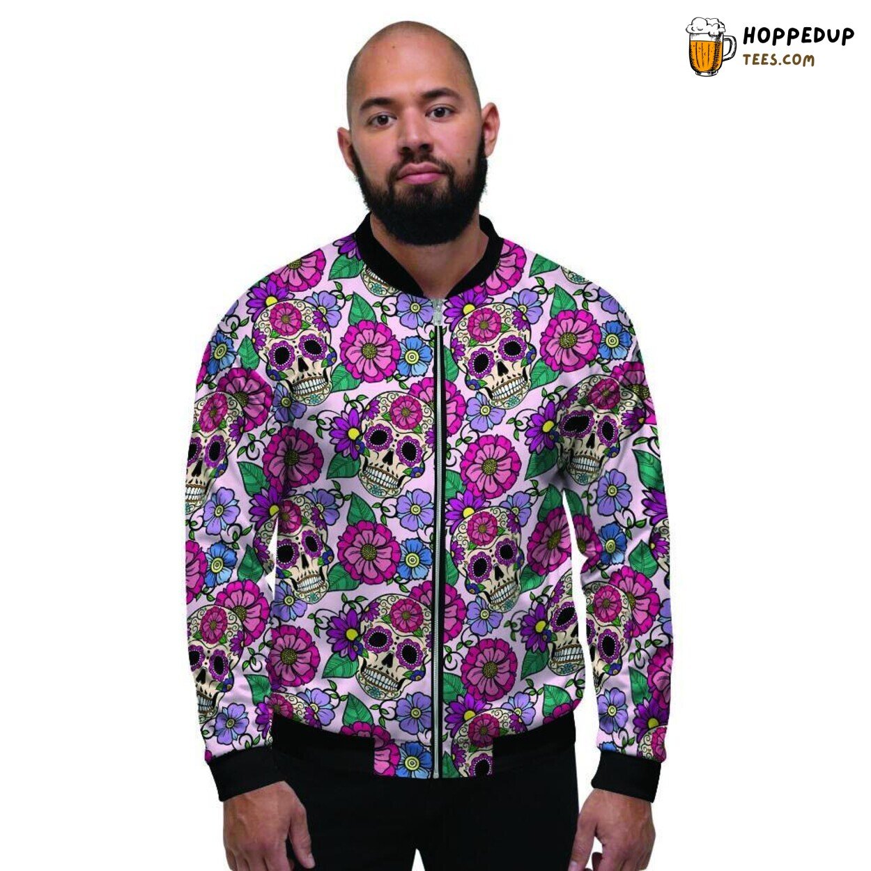 Sugar Skull Pink Floral Artistry Men’s Bomber Jacket Mystical Design Fusion