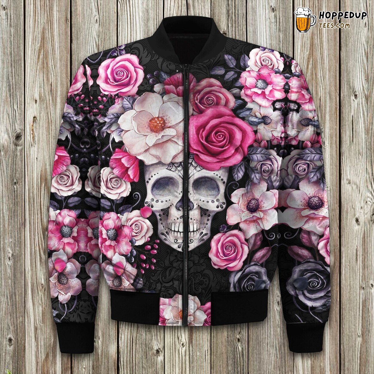 Sugar Skull Rose Spaghetti Bomber Jacket