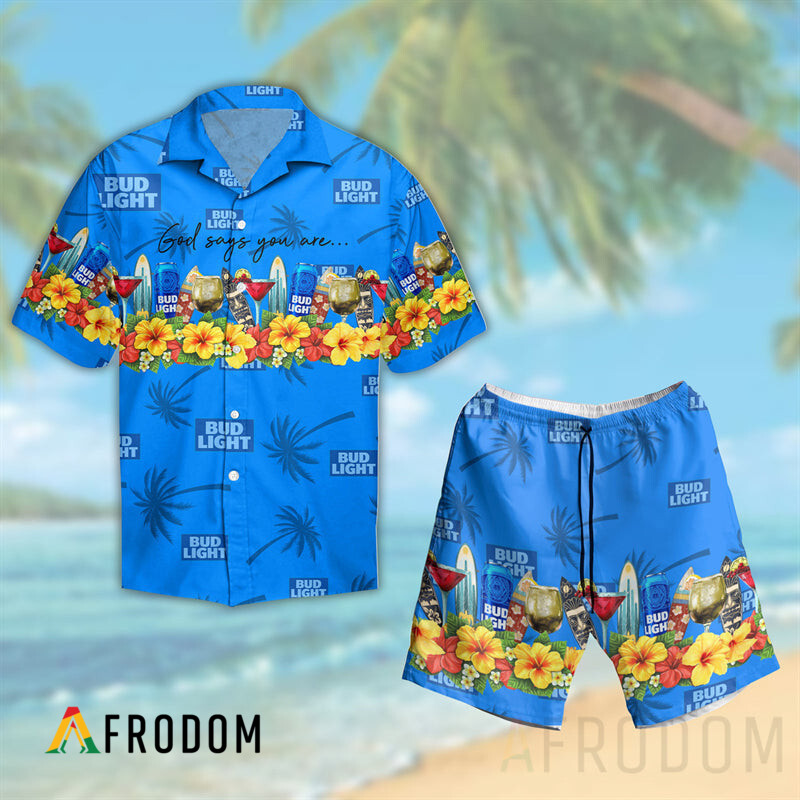 Summer Bud Light Hawaii Button Shirt And Shorts Set HU Summer Bud Light Hawaii Button Shirt And Shorts Set HU