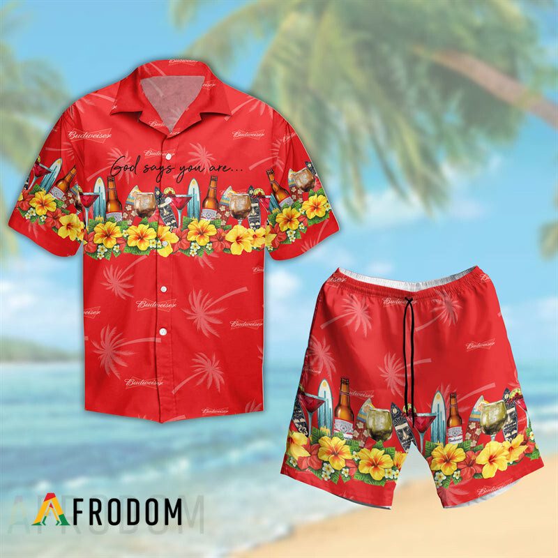 Summer Budweiser Hawaii Button Shirt And Shorts Set HU