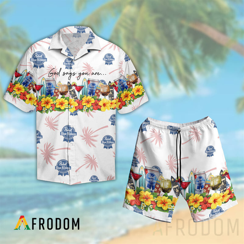 Summer Pabst Blue Ribbon Hawaii Button Shirt And Shorts Set HU
