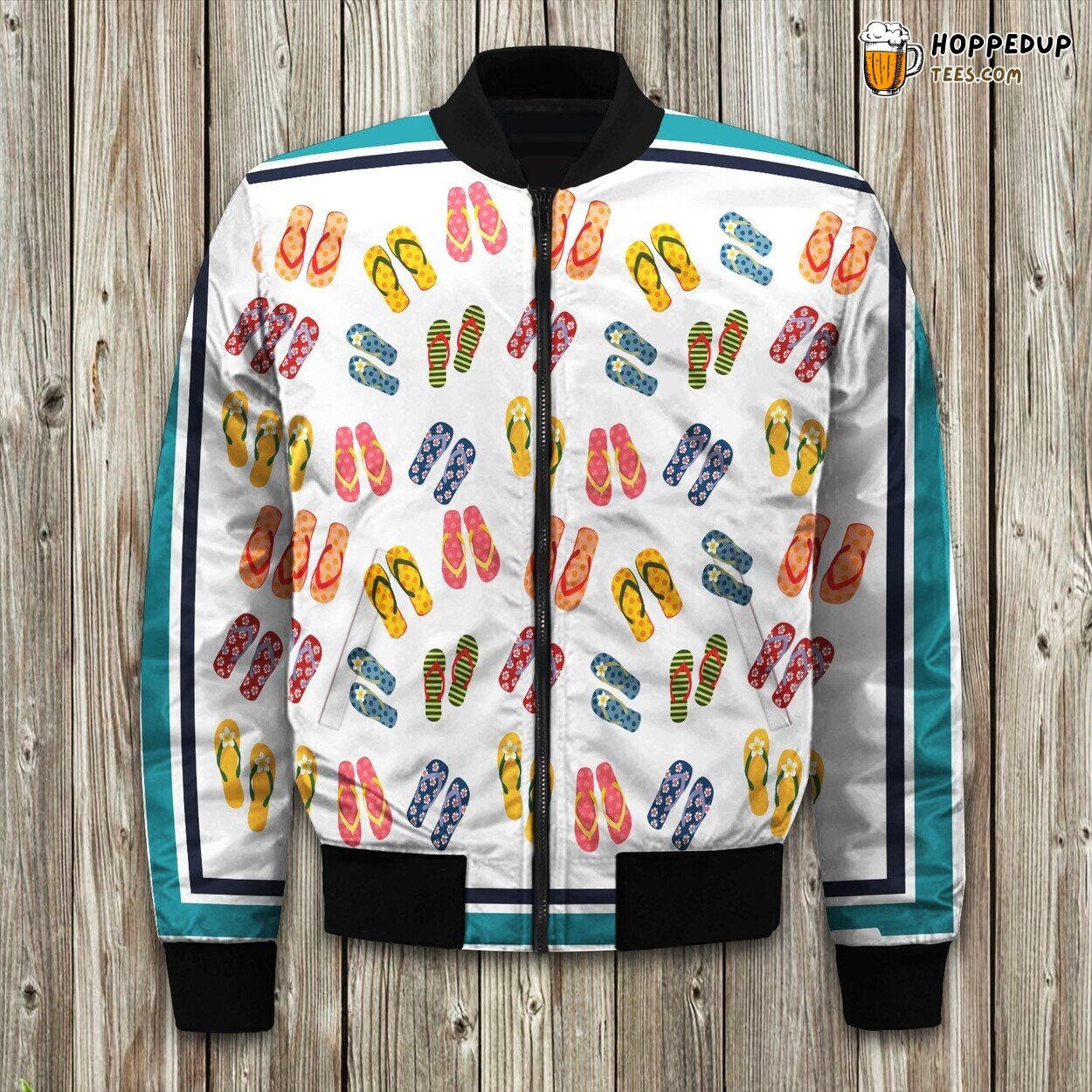 Summery Flip Flop Pattern Bomber Jacket Relive Winter in Beachy Style and Feet