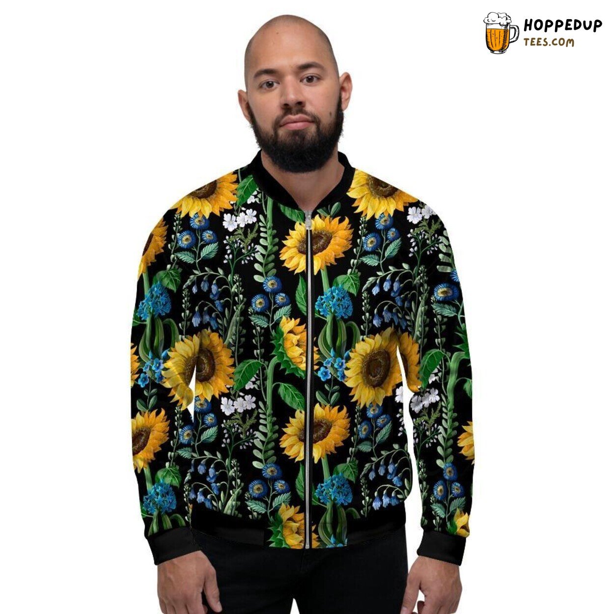 Sunflower Floral Black Vibrant Design Men’s Bomber Jacket Nature Inspired Art